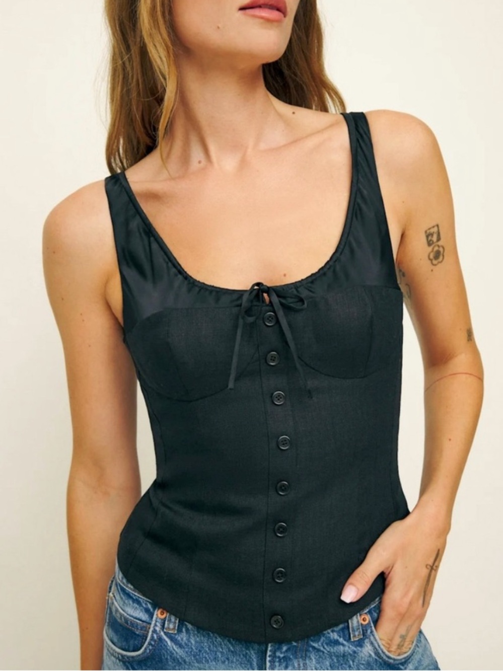 Reformation Beverly Linen and Silk Black Corset Top